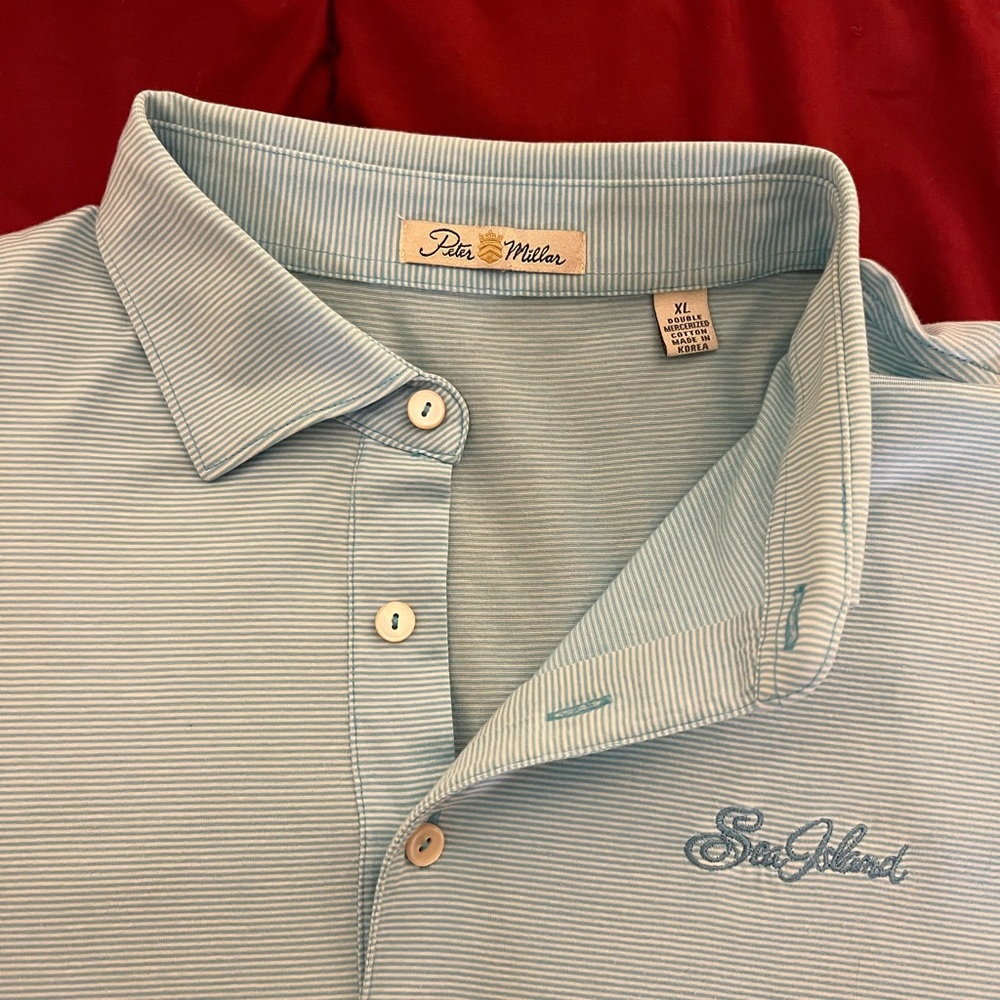 Great quality PETER MILLAR Sea Island XL blue white pin stripped polo